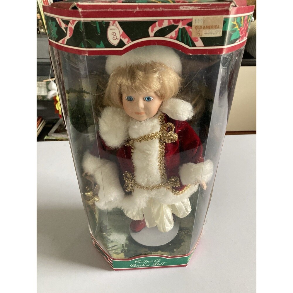 Brinn’s Porcelain Doll Blond Christmas Boxed New Comes With Stand 1997 Handmade